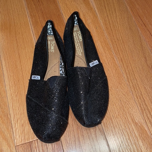 Toms Classics Black Glitter Womens Shoes - Picture 2 of 5